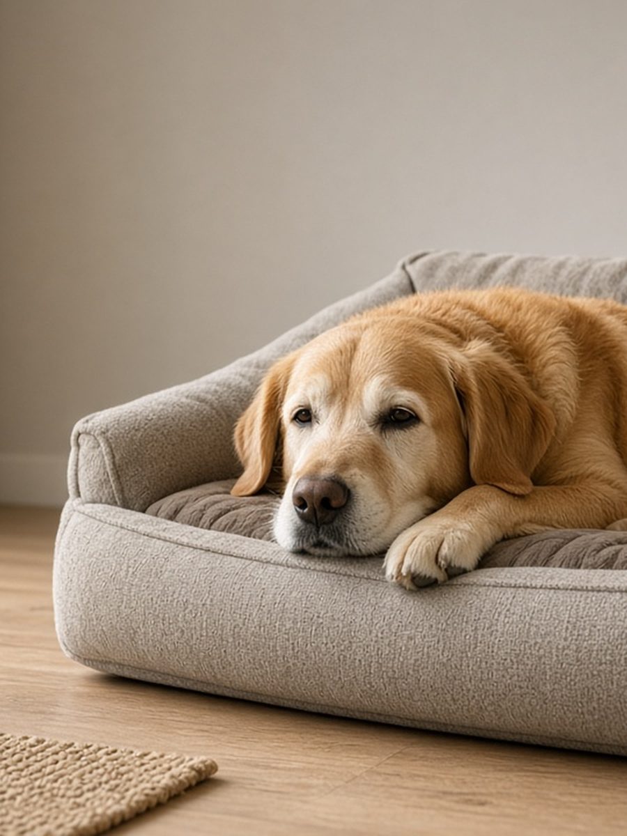 Large senior dog resting comfortably on a supportive dog bed