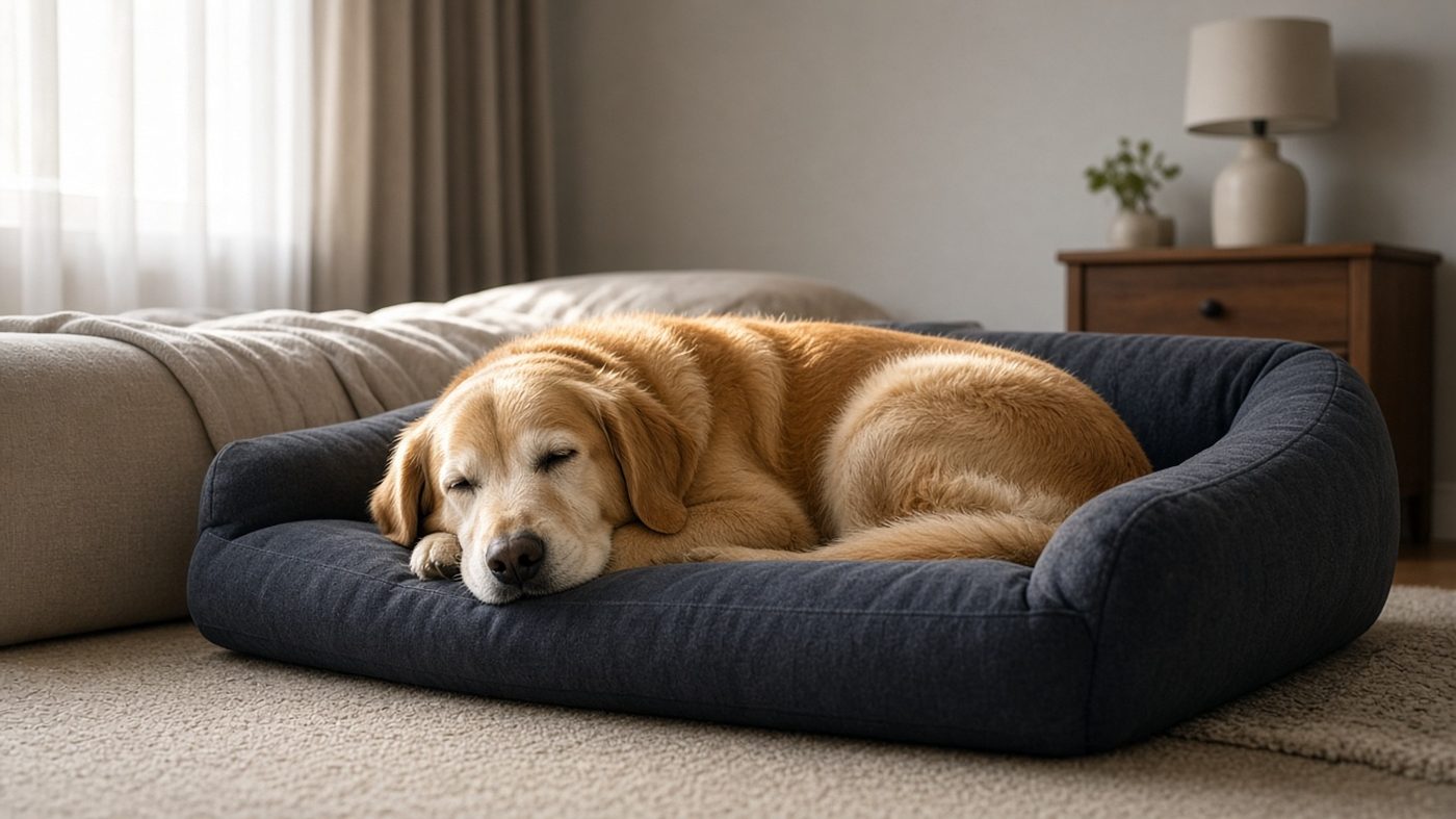 Senior dog resting on a supportive charcoal dog bed