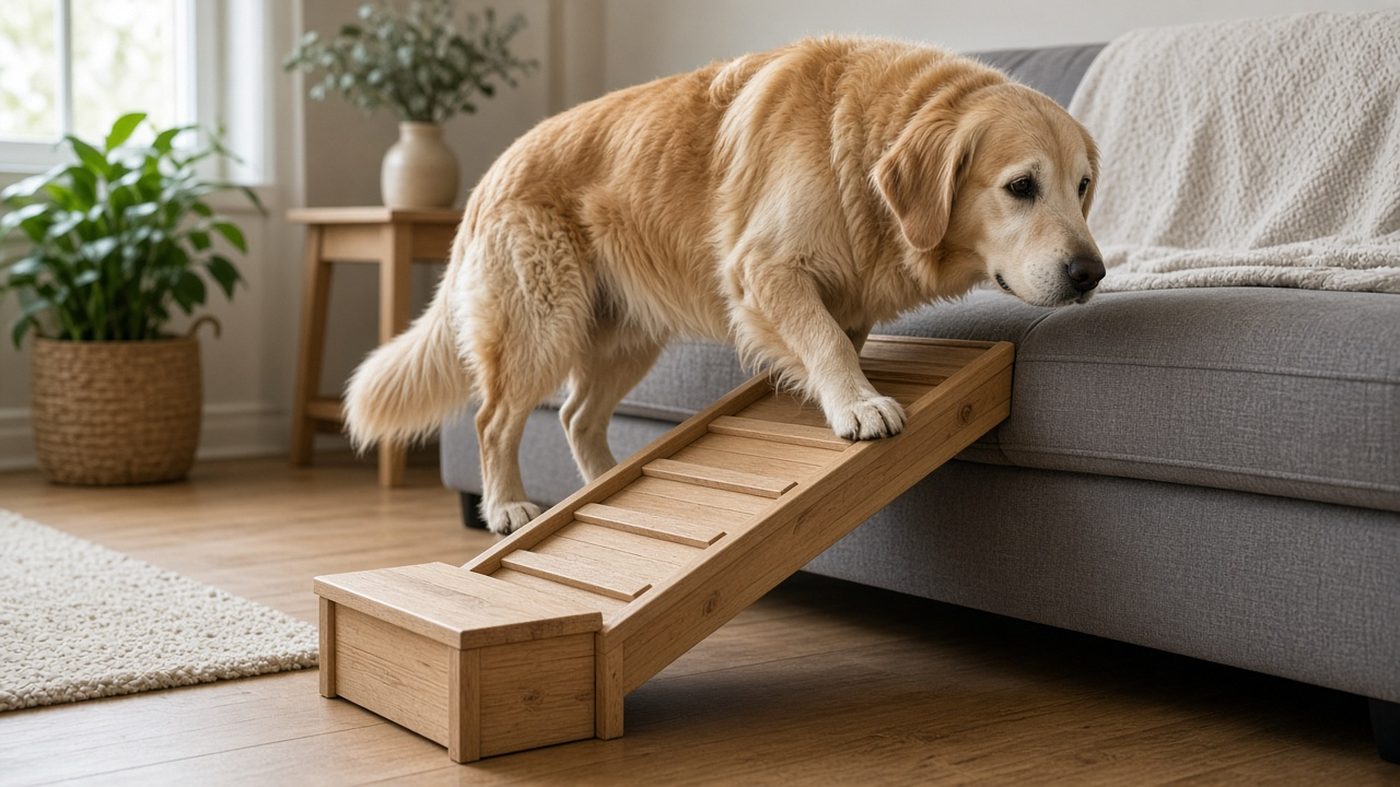 Large dog using wooden pet stairs for easier movement