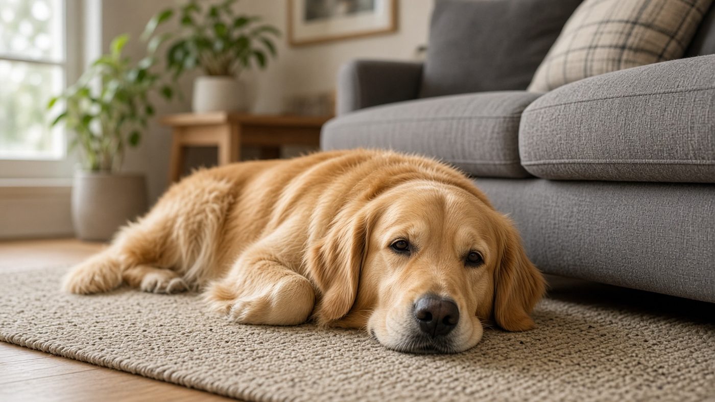 Large dog relaxing comfortably at home on a living room rug